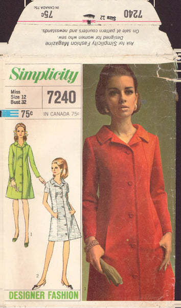 Simplicity 7240 Sewing Pattern, Coat-Dress, Size 12, Cut, Complete