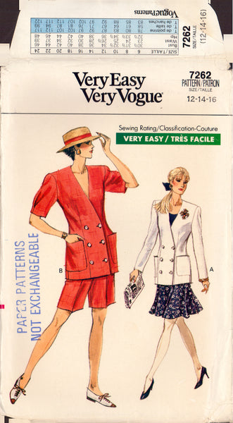Vogue 7262 Sewing Pattern, Misses' Petite Jacket, Skirt and Shorts, Size 12, Cut, Complete
