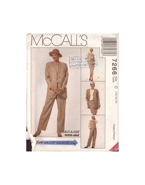 McCall's 7266 Sewing Pattern, Misses' Unlined Cardigan, Vest, Skirt in Two Lengths, Size 10-12-14, Uncut, Factory Folded