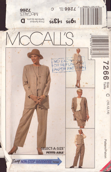 McCall's 7266 Sewing Pattern, Misses' Unlined Cardigan, Vest, Skirt in Two Lengths, Size 10-12-14, Uncut, Factory Folded