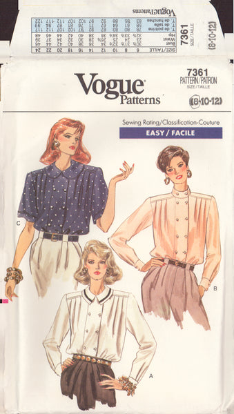 Vogue 7361 Sewing Pattern, Blouse, Size 8 Cut & Complete or Size 8-10 Cut & Incomplete or Size 14 Cut & Complete