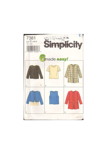 Simplicity 7381 Six Pullover Tops with Long or Short Sleeves and Jacket Made Easy, Uncut, Factory Folded, Sewing Pattern Size 6-10