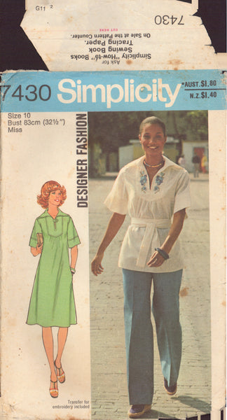 Simplicity 7430 Sewing Pattern, Dress or Top and Pants, Size 10, Cut, Complete