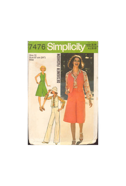 Simplicity 7476 Designer Fashion Button Front Shirt, Vest, Culottes and Pants, Uncut, Factory Folded, Sewing Pattern Size 12