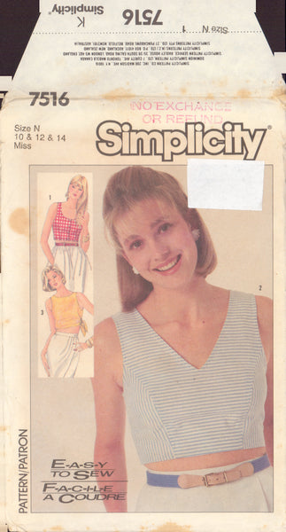 Simplicity 7516 Sewing Pattern, Tops, Size 10-12-14, Uncut, Factory Folded