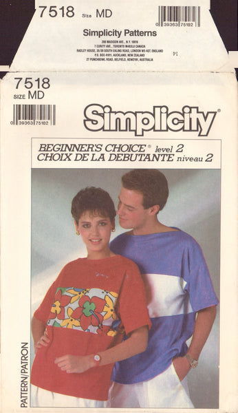 Simplicity 7518 Sewing Pattern Women's and Men's Top, Size Medium Uncut Factory Folded