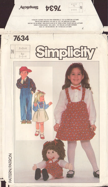 Simplicity 7634 Sewing Pattern, Pants, Skirt, Shirt and Doll Clothes, Size 2-3-4, Partially Cut, Complete
