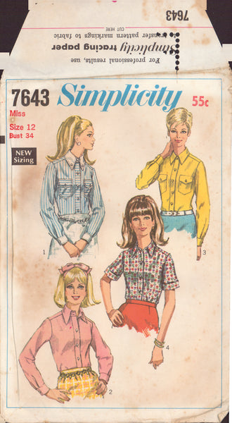Simplicity 7643 Sewing Pattern, Shirt-Blouses, Size 12, Cut, Complete