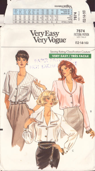 Vogue 7674 Sewing Pattern Blouse, Size 12, Cut, Complete