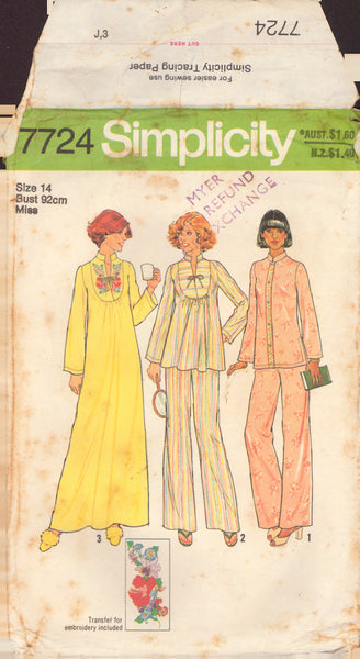 Simplicity 7724 Sewing Pattern, Caftan, Nightgown, Pajamas, Size 14, Cut, Complete