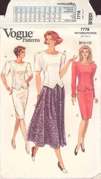 Vogue 7778 Sewing Pattern, Top and Skirt, Size 6-8-10, Cut, Complete