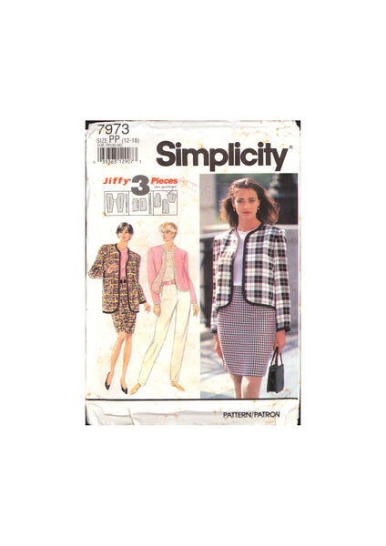 Simplicity 7973 Slim Pants, Straight Skirt and Trimmed Jacket in Two Lengths, Uncut, Factory Folded, Sewing Pattern Size 12-18