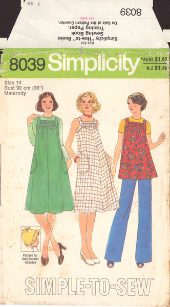 Simplicity 8039 Sewing Pattern, Maternity Pullover Dress, Jumper Or Top and Babies Bonnet, Size 14, Cut, Incomplete