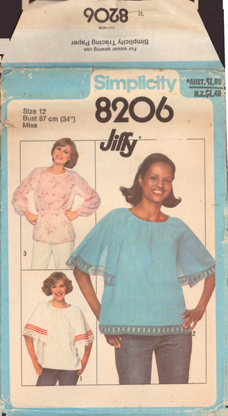 Simplicity 8206 Sewing Pattern, Jiffy Tops, Size 12, Neatly Cut, Complete
