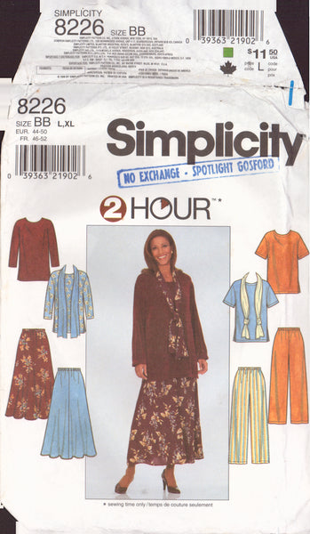 Simplicity 8226 Sewing Pattern, Misses' Top, Skirt, Pants and Scarf, Size L-XL, Uncut, Complete
