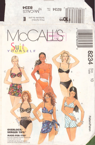 Simplicity 8234 Sewing Pattern, Misses' Two-Piece Swimsuit and Sarong, Size 10, Cut, Complete