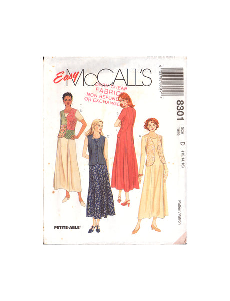 McCall's 8301 Sewing Pattern Dress With Vest Size 12-14-16 Uncut Factory Folded