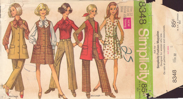 Simplicity 8348 Sewing Pattern, Dress or Jumper, Blouse and Hip-Hugger Pants, Size 12, Partially, Neatly Cut, Complete