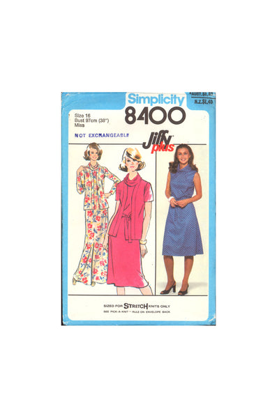 Simplicity 8400 Long or Short Sleeveless Dress with Cowl Collar, Tie Belt and Jacket, Uncut, Factory Folded Sewing Pattern Size 16
