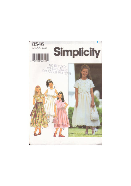 Simplicity 8546 Sewing Pattern, Girls' Jacket, Dress and Bag, Size 7-8, PARTIALLY CUT, COMPLETE