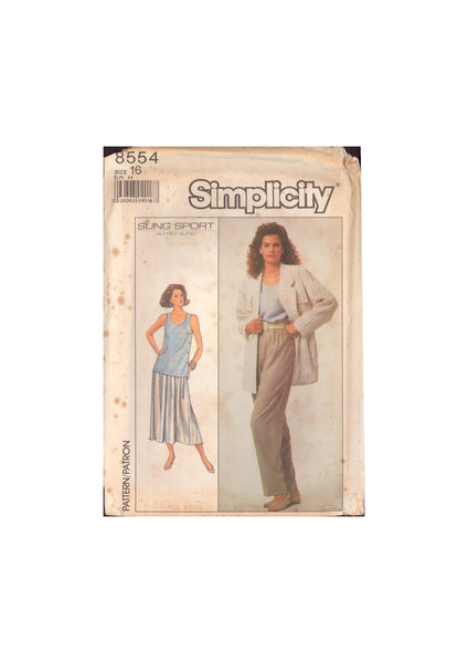 Simplicity 8554 Sewing Pattern, Top, Skirt, Pants, Shirt-Jacket, Size 16, Uncut, Factory Folded