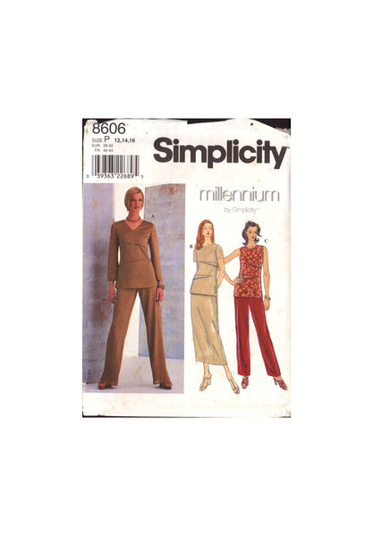 Simplicity 8606 Semi Fitted Tunics with Sleeve Variations, Straight Skirt and Pants, Uncut, Factory Folded Sewing Pattern Size 6-10 OR 12-16