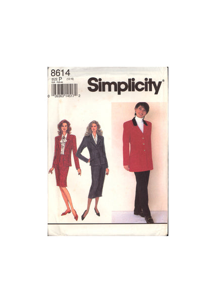 Simplicity 8614 Lined Jacket and Slim Skirt in Two Lengths and Pants, Uncut, Factory Folded, Sewing Pattern Size 12-14-16