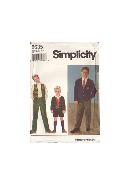 Simplicity 8635 Sewing Pattern, Boys' Pants or Shorts, Vest and Jacket, Size 8-14, Partially Neatly Cut, Complete