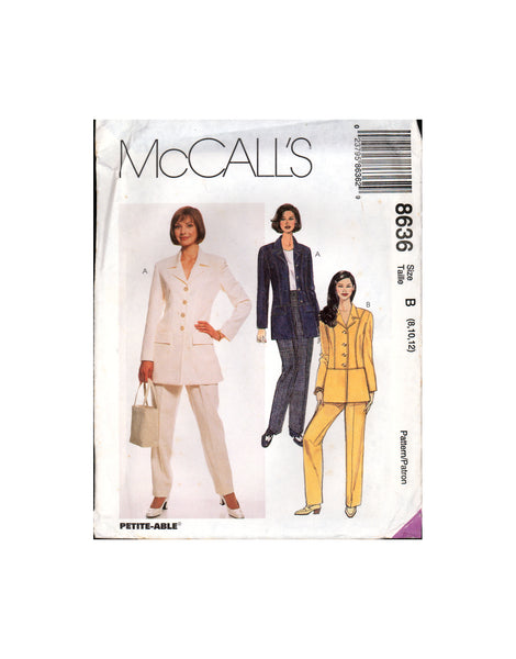 McCall's 8636 Semi-Fitted, Lined Below-Hip Jacket and Pants with Front Pleats, Uncut, Factory Folded, Sewing Pattern Size 8-12