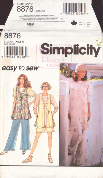 Simplicity 8876 Sewing Pattern, Top And Unlined Vest, Size XS-S-M, Mostly Uncut, Incomplete