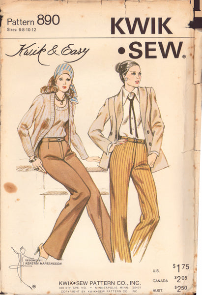 Kwik Sew 890 Sewing Pattern, Pants, Size 6, Cut, Complete