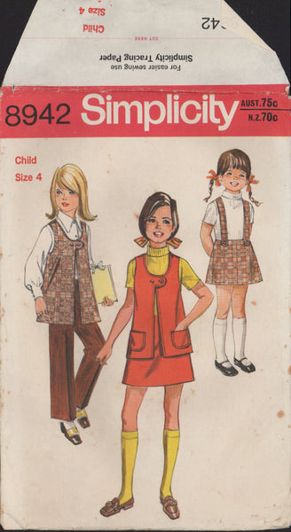 Simplicity 8942 Sewing Pattern Girl's Skirt with Suspenders, Vest and Pants, Size 4, Cut, Complete