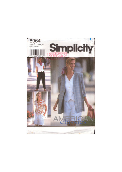Simplicity 8964 American Classics: Pleated Pants or Shorts, Vest Top & Loose Fitting Jacket, Uncut, F/Folded, Sewing Pattern Size 12-16
