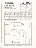 Burda 8998 Sewing Pattern, Shirt or T-Shirt, Size 10-24, Uncut, Factory Folded