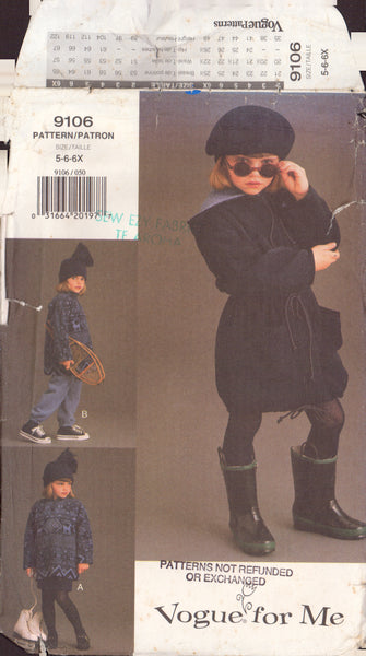 Vogue 9106 Sewing Pattern, Children's Jacket, Top, Skirt, Pants, Hat, Size 5-6-6X, Cut, Complete