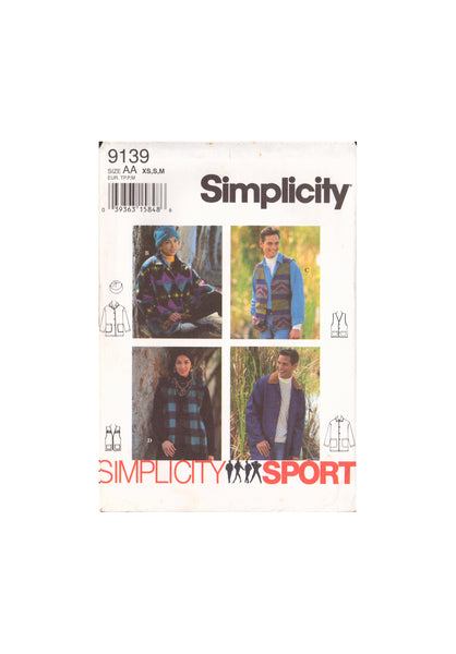 Simplicity 9139 Sewing Pattern, Men's, Women's, Teens' Jacket, Vest, Hat, Size XS-S-M, Uncut, Factory Folded