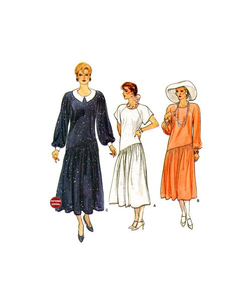 Vogue 9187 Retro 80s Asymmetrical Drop Waist Dress with Drindl Skirt, Uncut, Factory Folded, Sewing Pattern Size 12