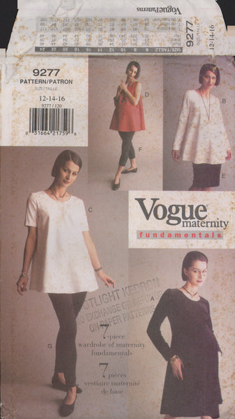 Vogue 9277 Sewing Pattern, Maternity Dress, Tunic, Skirt and Leggings, Size 12-14-16, Cut Apart, Complete