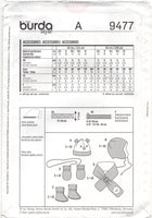 Burda 9477 Infant Accessories: Hats, Mittens, Booties, Scarf, Uncut, Factory Folded Sewing Pattern Size 1M-18M