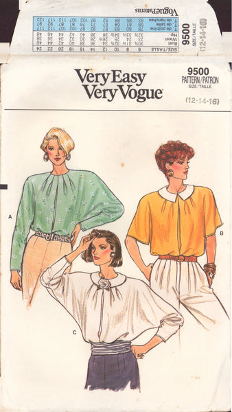Vogue 9500 Sewing Pattern, Blouse, Size 14, Cut, Incomplete