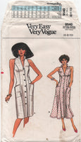 Vogue 9540 Sleeveless, Straight or Flared Shirt Dress, Uncut, Factory Folded, Sewing Pattern Size 6-10