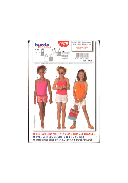 Burda 9578 Sewing Pattern Girls' Top Size 3-10 Uncut Factory Folded
