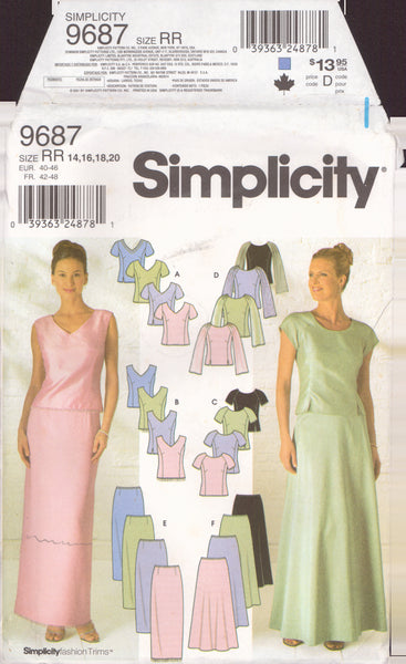 Simplicity 9687 Sewing Pattern, Tops and Skirts, Size 14-20, Uncut, Factory Folded