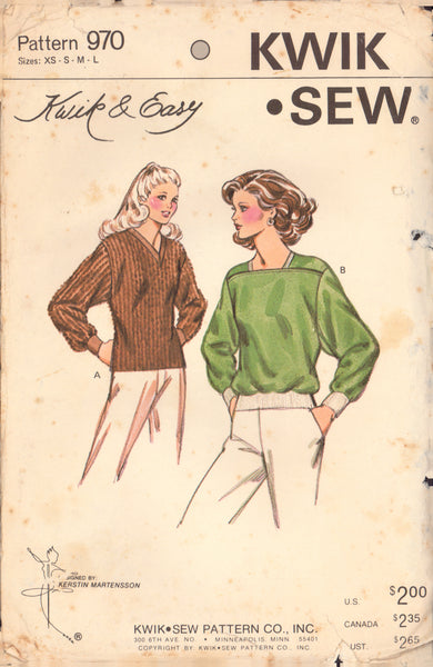 Kwik Sew 970 Sewing Pattern, Top, Size XS-S-M-L, Cut, Complete