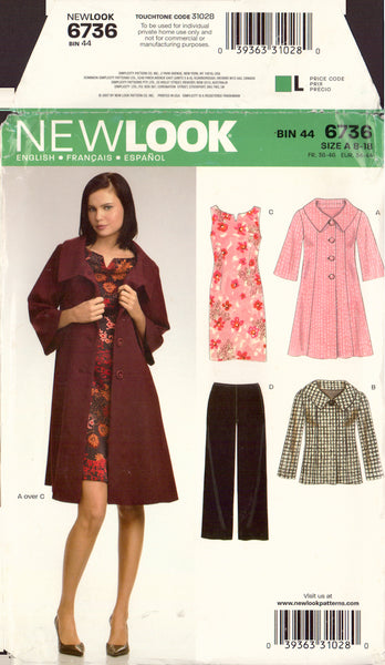 New Look 6736 Sewing Pattern, Dress, Pants, Jacket and Coat, Size 8-18, Partially Cut, Complete