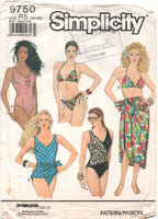 Simplicity 9750 One and Two Piece Swimsuits with Style Variations and Pareo, Uncut, F/Folded Sewing Pattern Size 14-22