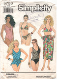 Simplicity 9750 One and Two Piece Swimsuits with Style Variations and Pareo, Uncut, F/Folded Sewing Pattern Size 14-22