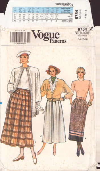 Vogue 9754 Sewing Pattern Skirt Size 14-16-18 Uncut Factory Folded