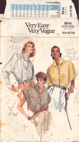 Vogue 9914 Sewing Pattern, Misses' Half-Size Blouse, Size 14, Cut, Complete