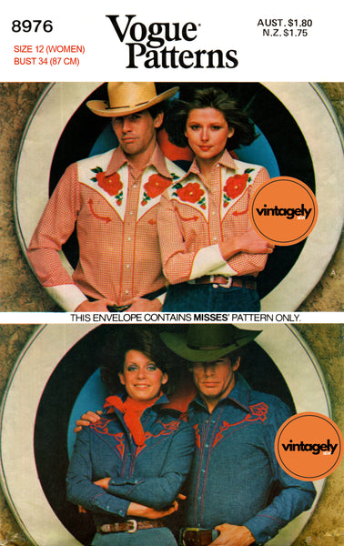 70s Woman's Cowboy Shirt with Embroidered Western Yokes, Bust 34", Vogue 8976, Vintage Sewing Pattern Reproduction